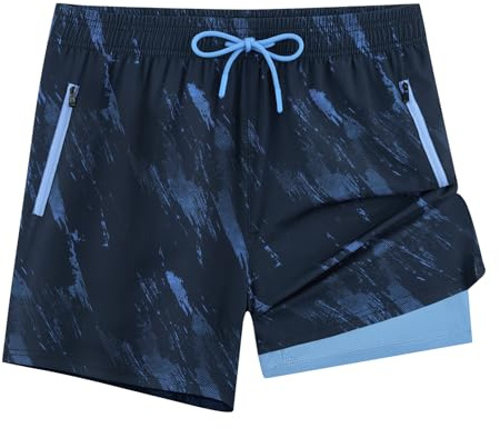 APTRO Mens Swimming Shorts 5 Men Swimming Trunks with Compression Liner Stretchy 2 in 1 Swim Shorts with Zipper Pockets Quick Dry Blue L