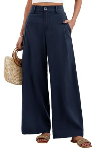 Fashora Pantalon Femme Été Lin Pantalons Taille Elastique | Pantalons Chic et Elegant, Pantacourt Léger, Décontractés Palazzo, Longueur Pants, Jambe Large avec Poches Pantalon Ample