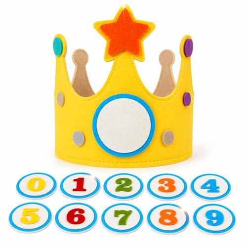 JOVYTH Children's Birthday Crown, Fabric Birthday Crown，Star and Crown Birthday Hat, Birthday Crown for Boys and Girls with Interchangeable Numbers from 1-9 (Yellow)