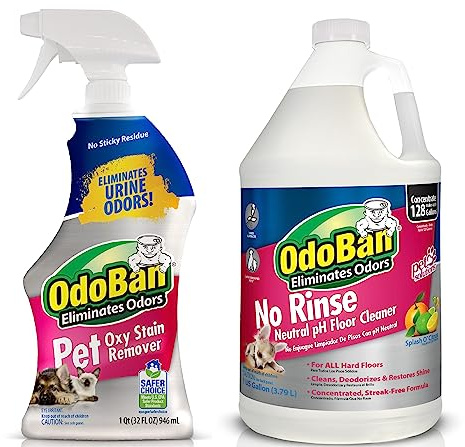 OdoBan Pet Solutions No Rinse Neutral pH Floor Cleaner Concentrate, Made in the USA, 1 Gallon, and Oxy Stain Remover, 32 Ounce Spray