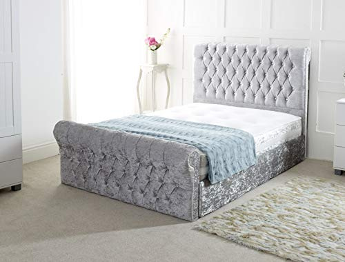 Comfy Deluxe LTD 4FT6 Double Bed base with Matching 52-Inch Chesterfield Headboard - Silver Crushed Velvet Sleigh Bed Frame with Deep Cushioned Upholstery & No Mattress Included - UK Made