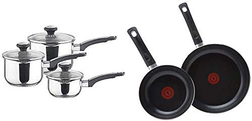 Prestige - Everyday - 3pc Saucepan Set with Lids - Stainless Steel & Tefal Taste 20 cm/ 28 cm Twin Pack Frying Pan Set, Non Stick -Black