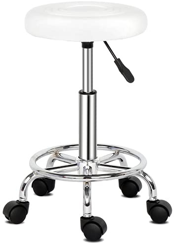 Bonnlo Round Rolling Stool with Wheels - Height Adjustable Swivel Stool - for Salon Massage Home Kitchen Clinic, Weight Capacity 400lbs 150Kg (White)