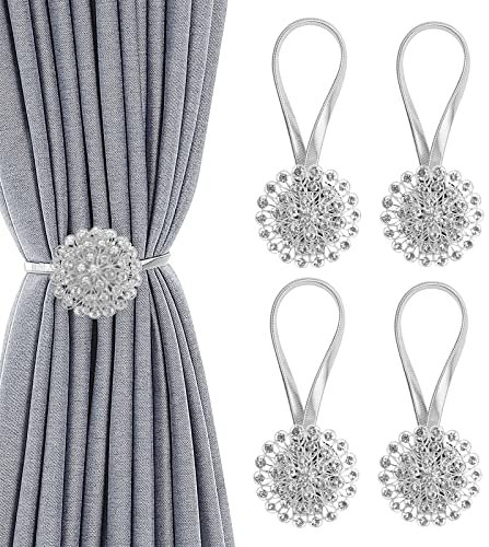 GDWD Magnetische Kristall Blume Vorhang Raffhalter,Dehnbare Vorhang Raffhalter Schnalle mit Federseil Dekorative Vorhanghalter Gardinenhalter Fensterdeko für Home Büro (4 Stück,Silber)