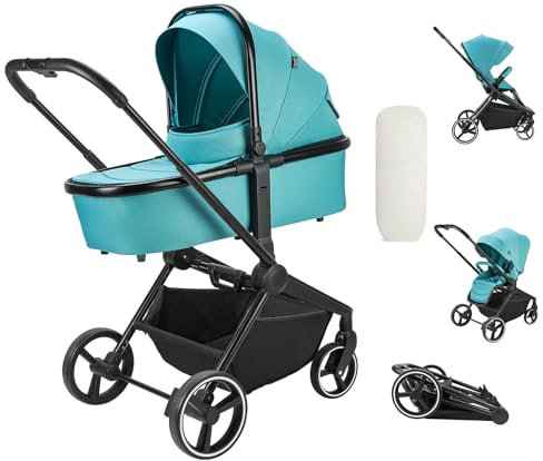 Booboo Kinderwagen Jazzi 2 in 1 Kombi-Kinderwagen inkl. Babywanne mit Matratze, Sportwagen, Sportsitz mit Liegefunktion, Zusammenklappbar - Ocean