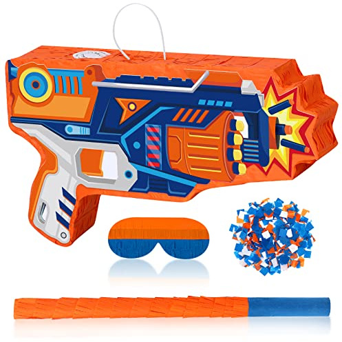 Toy Gun Piñata Large Dart Theme Party Supplies Gun Shape Piñata with Stick Blindfold Confetti Pack Dart Piñata for Boys Girls Birthday Party Game Favors Decor 17x10 Inch