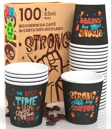 Eurocali 100 Bicchierini in Carta per caffè 65ml StrongLifeCUP Bicchieri Ecologici Biodegradabili Monouso Piccoli Asporto Bevande Calde