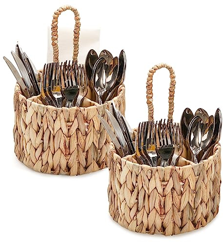 Hiceeden 2 Pack Utensil Caddy with Handle for Countertop, Water Hyacinth Silverware Caddy Holder Organizer, Hand Woven Flatware Cutlery Caddy for Picnic, Party