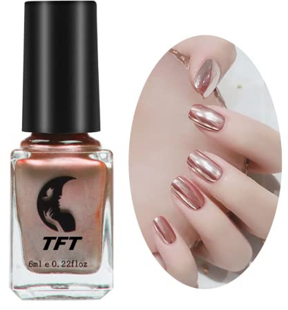 Metal Nail Polish Mirror Nail Varnish,Quick Drying Metallic Effect Nail Art Polish, Silver Plating Metallic Nail Polish No UV Needed, Magic Mirror Gel Polish For Chrome Nail (14-Rose Gold)