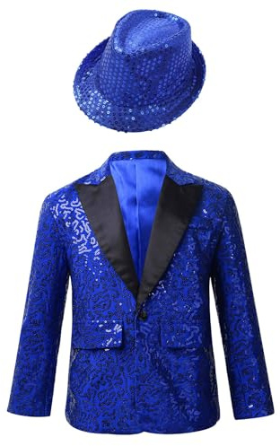Veste Paillettes Enfant Garcon Manches Longues Et Chapeau Tenue Danse Moderne Jazz Hip Hop Sequins Costume Mariage Cocktail Cérémonie Spectacle Carvanal Bleu 11-12 Ans