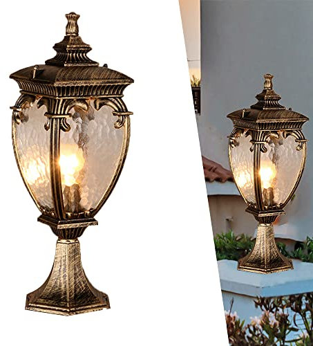 Rústica Lámpara de Poste Farola de Exterior, Luz de Jardín Exterior Impermeable Luces de Poste columna Dorado Aluminio Lámpara de Sobremuro Lámpara de Pilar E27 Para Jardín Patio Césped Camino