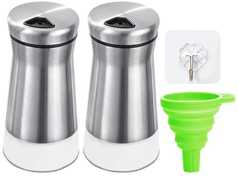 2 spargisale e pepe, 1 imbuto, 1 gancio, saliera e pepe con tappo a vite, spargispepe con fondo trasparente, pepiera, bottiglia dispenser ricaricabile
