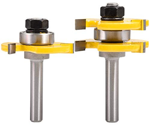 HOHXEN 2 Piezas Lengüeta y Ranura Router Bit Set, 3 Dientes T-Shape Fresa Madera, Herramientas para Trabajar la Madera - (8mm Mango, 1/4'' Dientes de Ancho, 1/2'' Dientes de Profundidad)