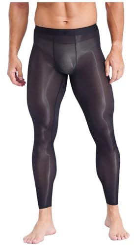 Fldy Herren Sport Leggings Transparent Öl Glanz Strumpfhose Stretch Sport Wäsche Unterhose Tights Glatte Nachtwäsche Unterteile Schwarz XL