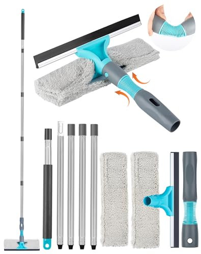 Kit Nettoyeur Vitre Professionnelle 2 en 1 Raclette Vitre avec Manche Telescopique 200cm Raclette a Vitre INOX Démontable avec 2 Chiffons Microfibres pour Vitres Fenêtre Hautes Intérieur et Extérieur