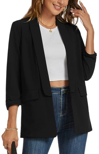 MINTLIMIT Womens Blazer Ruched 3/4 Sleeve 2025 Shawl Lapel Office Lightweight Open Front Casual Jackets with Pockets Black