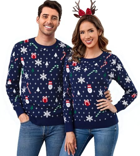 Aottori Maglione Natalizio Uomo Maglioni Natale Famiglia Girocollo Maglione a Maglia Christmas Invernale Fiocco di Neve Unisex Blu Scuro L