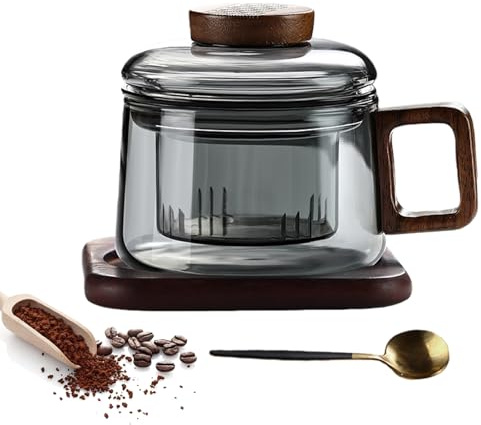 PORFOYO Tasse à thé en verre avec couvercle et passoire, 200 ml, avec poignée en bois, verres à thé, verres à thé, tasses à thé en verre borosilicate, avec dessous en bois pour thé en vrac et en