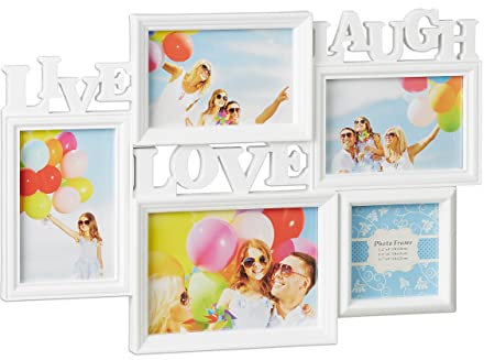 Relaxdays Cornice Multifoto Live Love Laugh, Portafoto da 5 Foto Diverse Misure, Collage 3D 31x45,5, Decorazione, Bianco