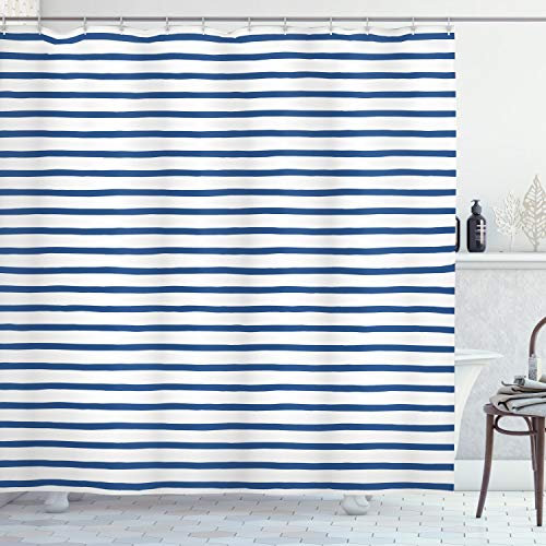 ABAKUHAUS Gestreift Duschvorhang, Hand gezeichnet Meer, Stoffliches Gewebe Badezimmerdekorationsset mit Haken, 175 x 200 cm, Nachtblau Weiß