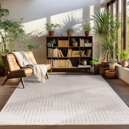 Carpettex Kurzflor Teppich Wohnzimmer Beige Teppich Skandinavisch Stil Teppich 3D Effekt Teppich 120 x 170 cm - Waschbarer Teppich Schlafzimmer Küchenteppich Geometrisches Muster Weich und Flauschig