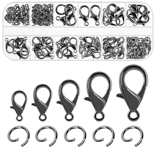 Swpeet 170Pcs Gun Schwarz 10 mm 12 mm 14 mm 16 mm 18 mm Anelli a Molla Aperti e 6 mm Chiusure in Granchio Kit, Kit di Perline per Gioielleria Perfetto per la Fabbricazione Fai-da-Te di Segnalibri