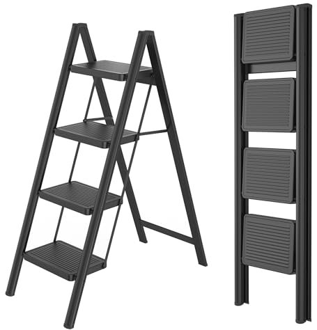 FIVMEN Scala pieghevole a 4 gradini, con pedana larga, portata fino a 270 kg, colore: nero