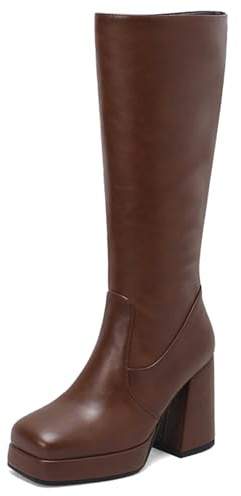 Asterisco Donna Chunky Stivali a Metà Polpaccio con Plateau Tacco Alto Stivali Square Toe Zip Stivali da Vestito, O207243Hx Marrone Numero 41 EU/43Cn
