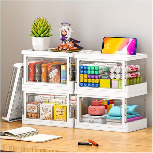 【Latest Model】 4 Pack Mini Stackable Storage Boxes with Lid Multifunctional & Foldable Storage Box for Crafts, Snacks, Stationery and Desk Supplies, Ideal for Desk Organiser Clear Organizer Boxes