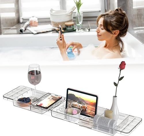 Badewannenablage aus Kunststoff, Ausziehbarer Badewannenbrett, Transparente Badewannentablett, Badewannen Tablett, Badewanne Rack, Badewannen Ablagen für Die Meisten Badewannengrößen