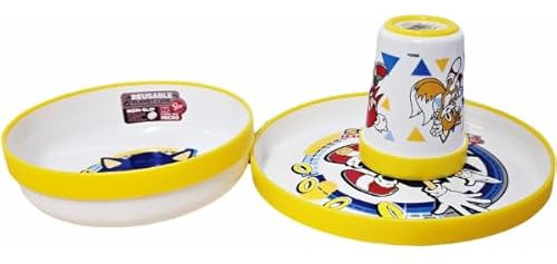Set di stoviglie riutilizzabile per bambini bicolore – Set composto da 3 pezzi: Piatto, ciotola e bicchiere per bambini e bebé con base antiscivolo – Senza BPA per SONIC