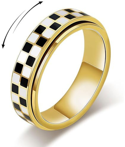 BelleVive Anneau à Carreaux pour Adultes, Acier Inoxydable plaqué Or 18 carats, Bijou Rotatif, Cadeau pour soulager l'anxiété et Le Stress pour Femmes/Hommes, Taille 8