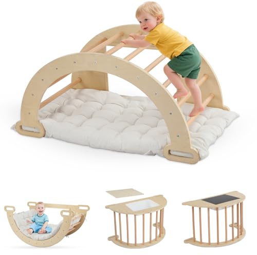 LEADZM 5 en 1 Arche d'escalade Enfants, Arch Rocker avec Coussin et Table Sensorielle, Jouets d'escalade Montessori avec Bassin de Rangement Pliable et Tableau Noir, Parcours Motricité Bébé