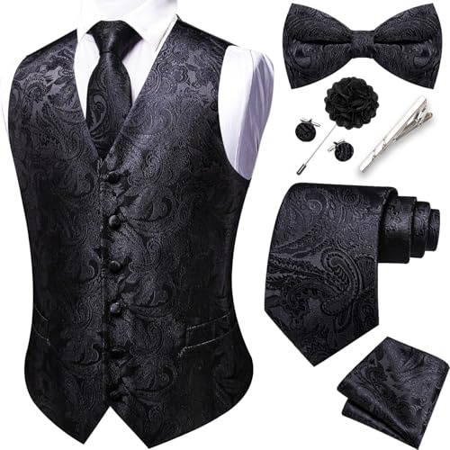 Barry.Wang Juego de chalecos para hombre con diseño de cachemira, chaleco formal de seda, corbata, pajarita, set de gemelos y corbata de jacquard, pin de solapa, para boda, 8 piezas, negro (Floral