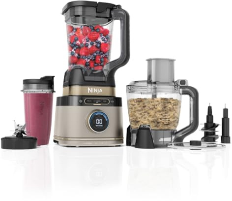 Ninja 3-in-1 Detect Power Blender Processor Pro, Powerful 1200W Blender, Food Processor Bowl, Dough Blade, 2x Single Serve Cups, Jug, Make Pizza Dough, Blend, Chop & Mix, Stone Gold, TB401UKSTGD