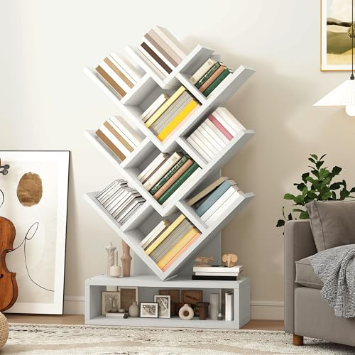 YITAHOME Tree Bookshelf, Wider Tree Bookcase, Modern Wood Book Shelf Industrial Freestanding Corner Shelf for Books/Movies/CDs, Narrow Display Rack for Living Room, Home Office, Wood