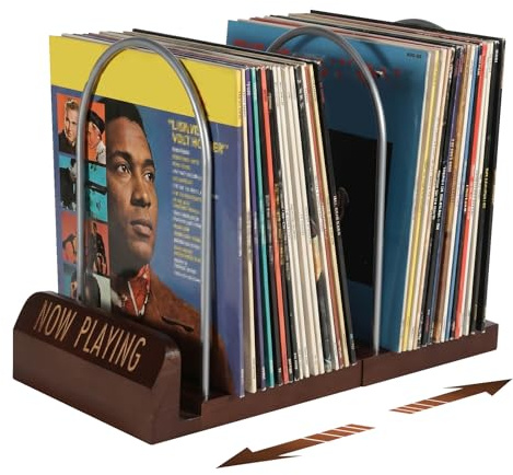 Now Playing Soporte para Discos de Vinilo, Soporte Ajustable para 30-70 LP, Compacto y Estable, Soporte Giratorio de Madera para Discos de Vinilo para Álbumes, Estantería, Organizador