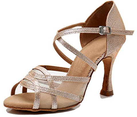MGM-Joymod Zapatos de Baile Latino Modernos para Mujer de Malla con Purpurina Puntera Abierta Salsa Tango salón de Baile para Boda Fiesta,TH1236 Dorado 9cm Tacón,36 EU