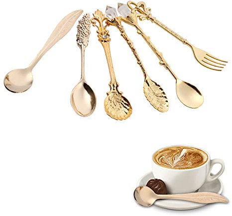 Lot de 6 Cuillères et Fourchettes Vintage, 5 Pièces Cuillere a Dessert, 1 Pièce Fourchette a Dessert pour Café, Fruits, Dessert, Gâteau, Crème Glacée, 11.8cm