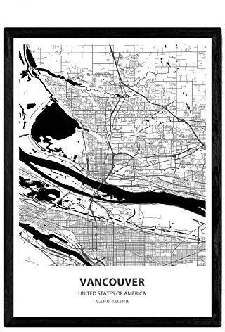 Nacnic Poster mappa di Vancouver - Stati Uniti d'America. Fogli città degli Stati Uniti con i mari e fiumi, in colore nero. formato A4