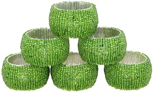 Handmade Indian Beaded Napkin Rings for Christmas, Thanksgiving, Holiday Party, Dinner Party - Napkin Holder (Green, Set of 6)
