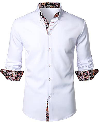 PARKLEES Mens Hipster Paisley Patchwork Design Slim Fit Long Sleeve Button Up Dress Shirts White XXL