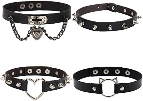 Conruich 4 Stück Leder Choker Damen Herz Anhänger Choker Einstellbar PU Leder Halskette Set Metall Ring Halsband Schwarz Punk Rock Gothic Halsband Kragen mit Kreis Herz für Frauen Zubehör