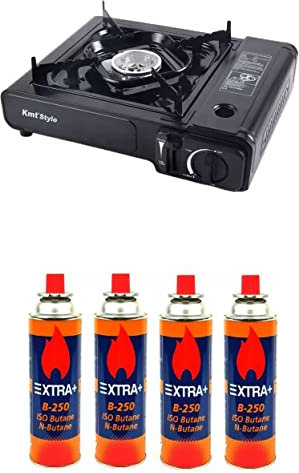 PACK Cocina Portátil Kmt Style - Hornillo de Camping Portátil y Compacto - Para Acampada, con Maletín de Transporte + 4 cartucho gas