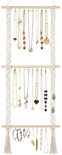 Grathia Hanging Jewelry Organizer Macrame Necklace Holder with 30 Hooks, Wall Mounted Necklace Rack, Necklace Hanger with Tassel for Necklaces Bracelet Earrings (Beige)
