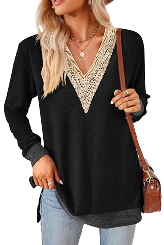 iChunhua V Neck Long Sleeve Tunic Tops for Women UK Loungewear Ladies Sweatshirts Size 16 Black XL