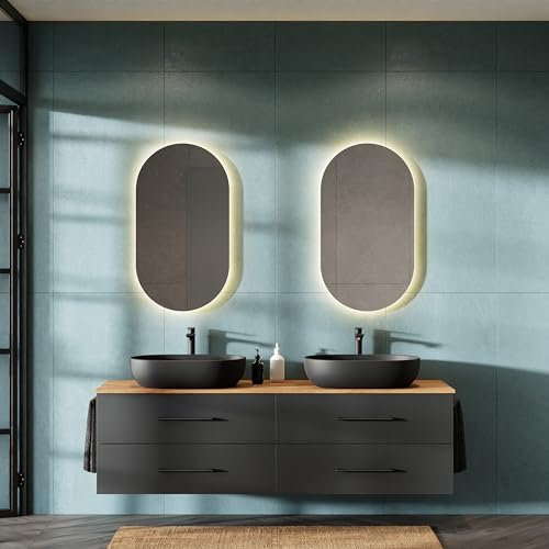 Planetmöbel LUX Meuble de salle de bain avec lavabo 180 cm, 2 lavabos à poser 60 cm noir, 2 miroirs de 50 cm (sans LED), chêne doré/anthracite