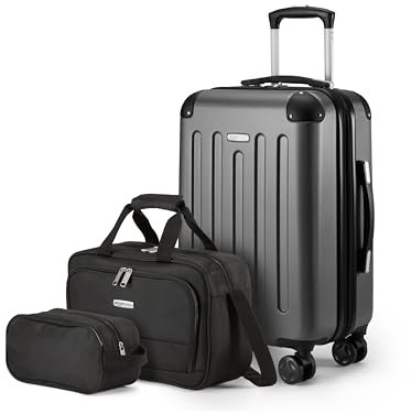 Amazon Basics Hartschalenkoffer Handgepäck-Set, 3Stück, Handgepäckkoffer, Tragetasche, Kompakte Reisetasche, Erweiterbar, 4 Spinner-Räder, Schwarz
