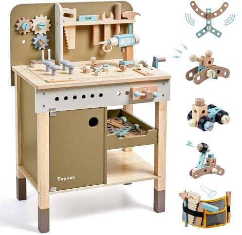 Kinder Werkzeug Set, hölzerne Werkzeuge Bank mit Schürze Kleinkind Spielzeug Werkbank Mit Realistischen Werkzeugen Elektrische Bohrmaschine STEM BAU Spielzeug Geschenke für Alter 3-9Jungen Mädchen