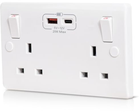 Electrical Double Wall Socket with USB C Charging Port, Double Plug 20W Fast Charging Standard UK Plug Socket, 13A 2 Gang, White